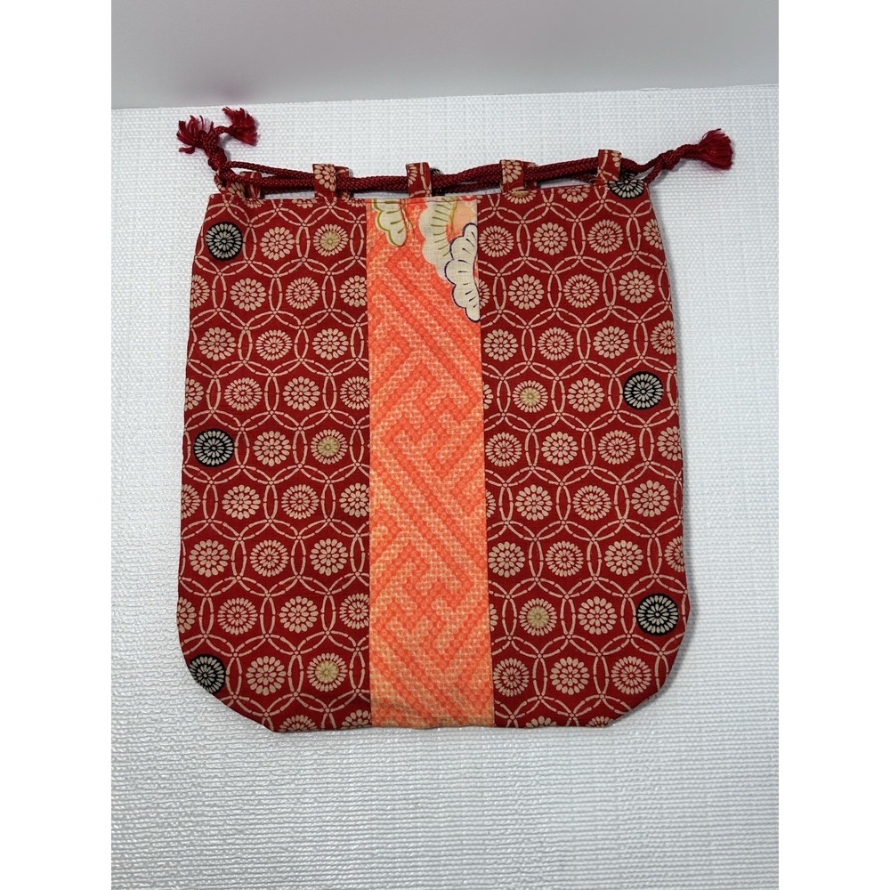 Traditional Japanese Floral Fabric Drawstring Pouch Bag Handmade In Japan